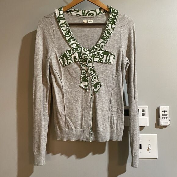 Anthropologie Moth Sweater‎ Cardigan Heather Gray Green Bow Wool Blend Sz S - Picture 1 of 7